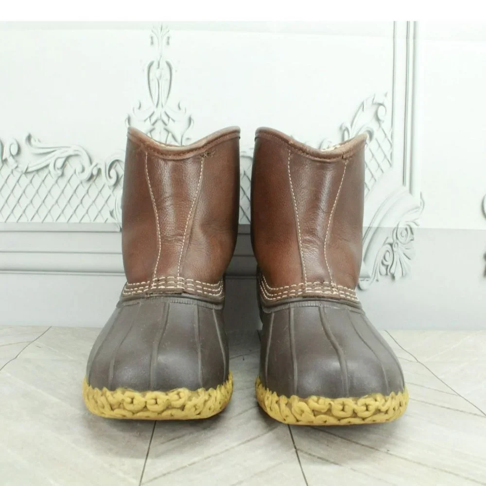 LL Bean Brown Leather Slip On Shearling Lined Ankle Duck Boots Size 8 Wide - Picture 4 of 8